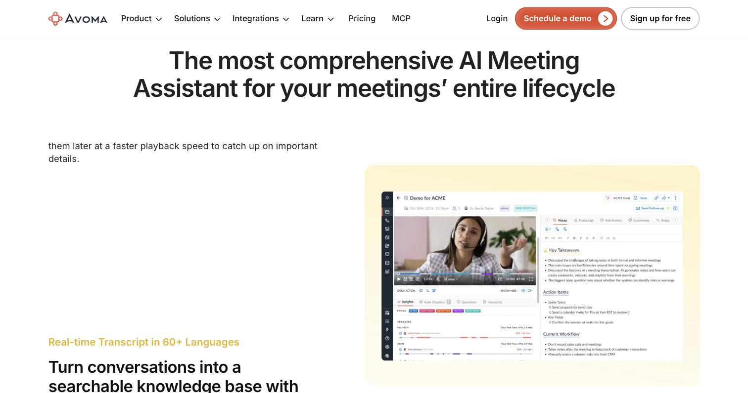 Avoma AI Meeting Assistant feature page showing the product interface for a recorded meeting titled 'Demo for ACME', with a video panel on the left and a Notes/Transcript panel on the right listing Key Takeaways and Action Items.