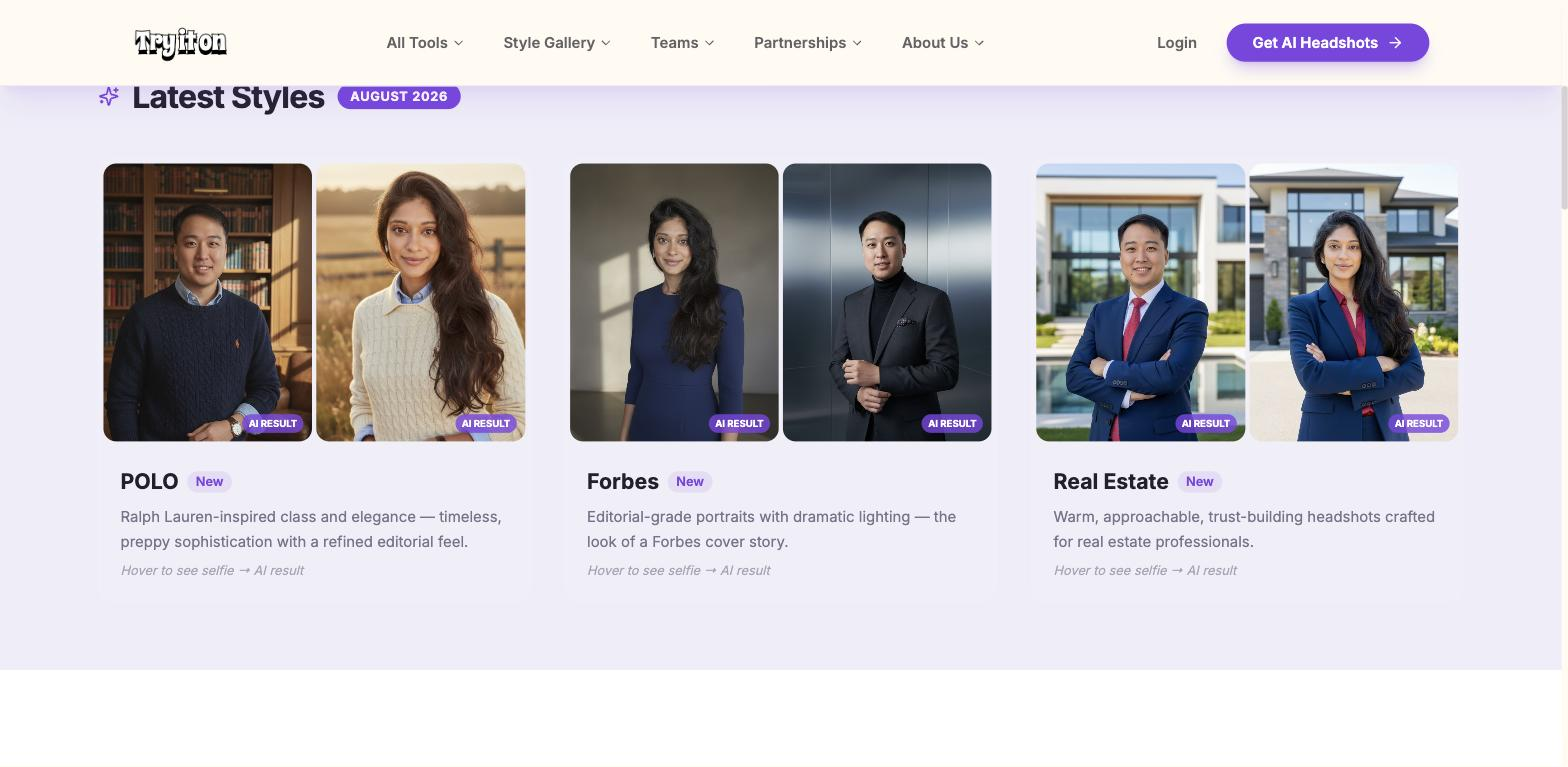 Tryiton 'Latest Styles' gallery dated August 2026 showing pairs of selfie and AI-generated headshot photos labeled 'AI RESULT' for styles named POLO, Forbes, and Real Estate.