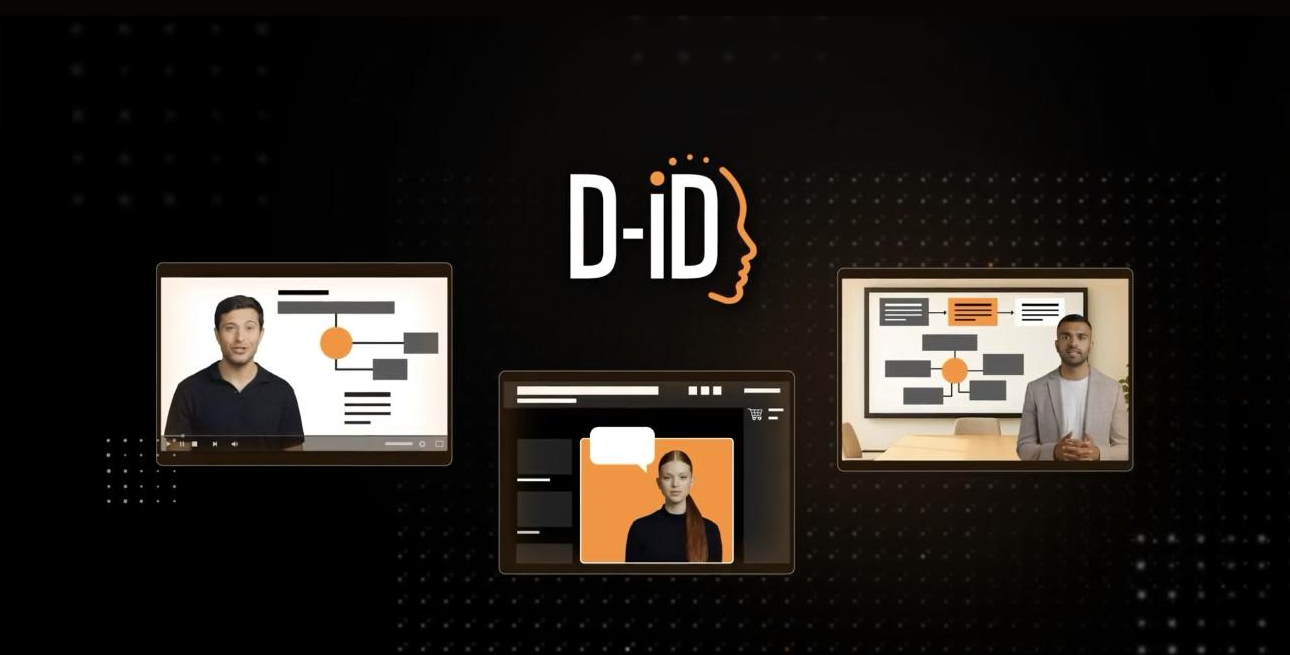 D-ID homepage showcase with the D-ID wordmark centred and three surrounding frames of avatar-presenter output: two presenters standing beside slide diagrams and a vertical mobile-style frame with a presenter next to a chat bubble and shopping icons.