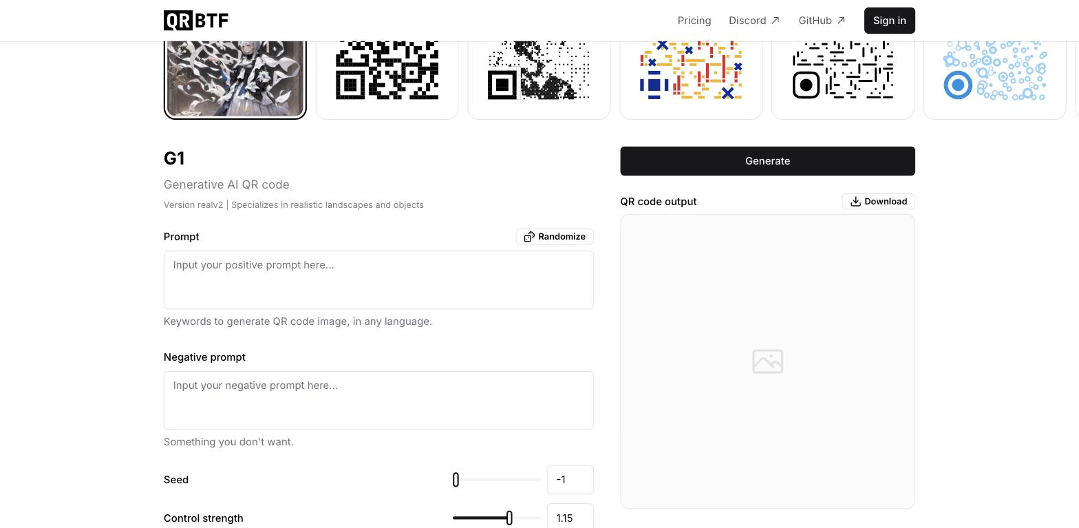 QRBTF AI QR code generator interface showing a row of QR code style thumbnails, a 'G1' model description, prompt and negative prompt text fields, seed and control strength sliders, a 'Generate' button, and an empty QR code output panel.