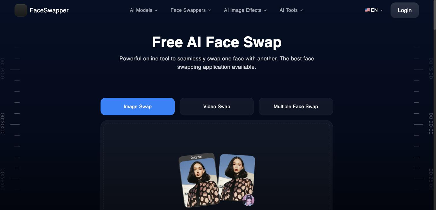 FaceSwapper's public tool with Image Swap, Video Swap and Multiple Face Swap mode tabs, Image Swap selected, and a 'Select Original Image' drop zone illustrated by a before/after card pair and a small source-face thumbnail.