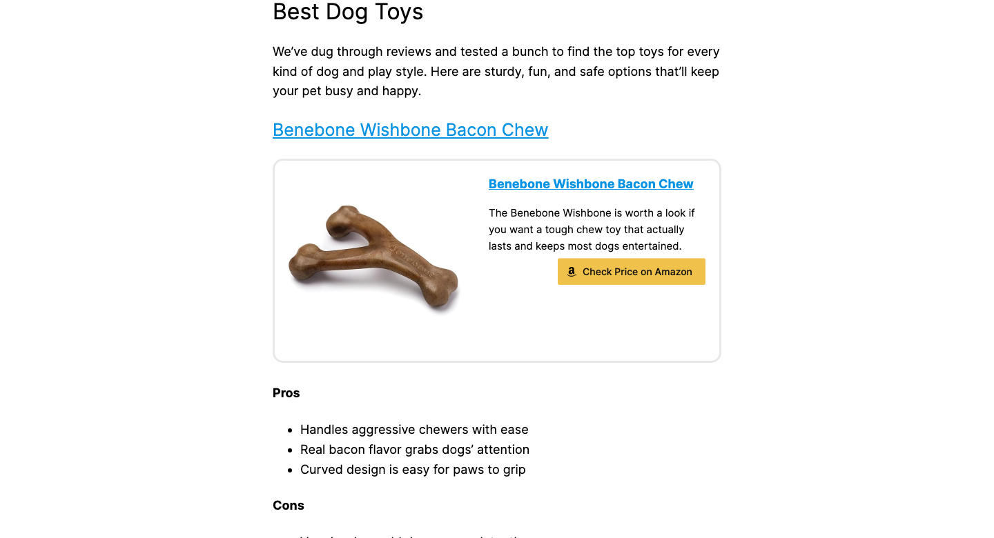 Generated blog article titled 'Best Dog Toys' featuring a product recommendation card for the Benebone Wishbone Bacon Chew with an image, description, an Amazon price-check button, and a pros list.