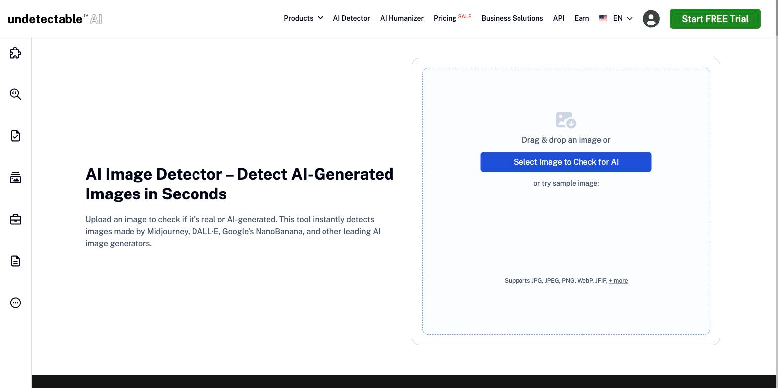 Screenshot of the Undetectable AI 'AI Image Detector' page showing its heading and description, an interactive drag-and-drop upload area with a 'Select Image to Check for AI' button, and a vertical icon sidebar on the left.