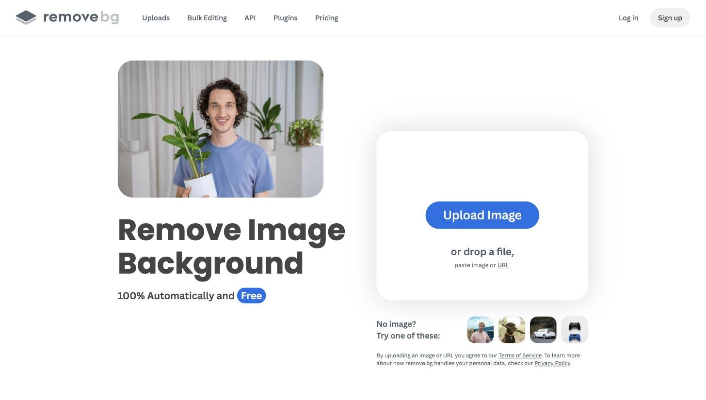 remove.bg homepage tool showing a sample portrait of a man holding a plant on the left, an 'Upload Image' drop zone with 'or drop a file, paste image or URL' on the right, and a 'No image? Try one of these:' row of sample thumbnails