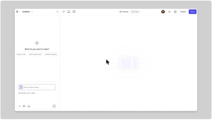 Figma Make's two-pane editor: a top toolbar with the file name 'Untitled', Preview and Code toggles, a share avatar, play and settings icons, and Publish and Share buttons; a left AI-chat panel headed 'What do you want to make?' with Signup flow, Data dashboard and Gradient gallery chips and a 'Paste a Figma frame / Describe your idea' input; and a preview canvas on the right.