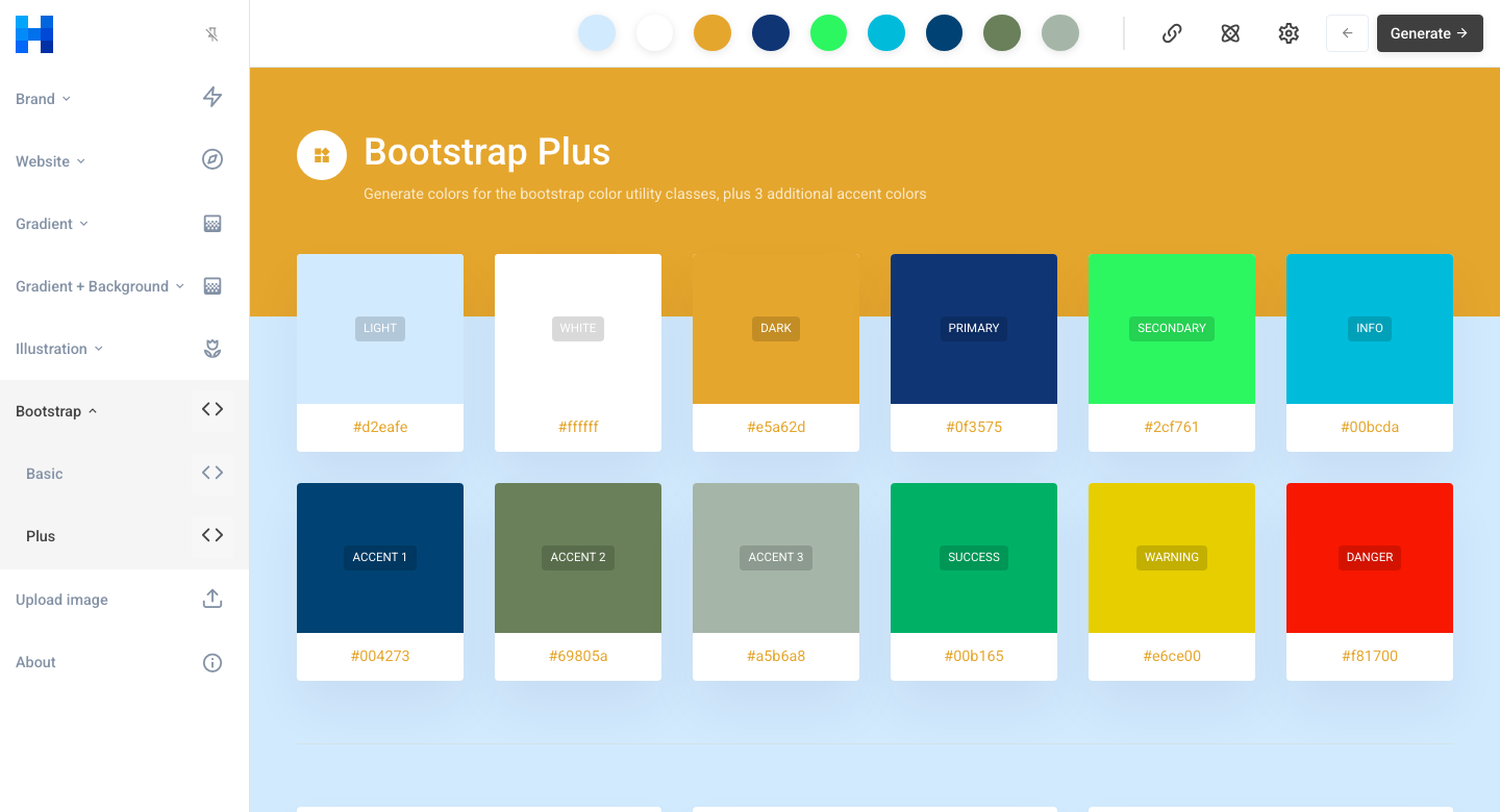 Screenshot of the Huemint 'Bootstrap Plus' color generator showing a grid of labeled color swatches (Light, White, Dark, Primary, Secondary, Info, Accent 1-3, Success, Warning, Danger) each with a hex code.