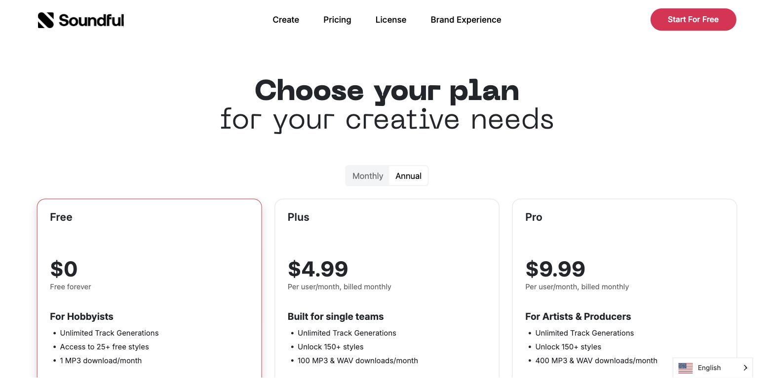 Soundful pricing page titled 'Choose your plan' showing three plan cards (Free $0, Plus $4.99/month, Pro $9.99/month) with feature bullet lists and a monthly/annual toggle.