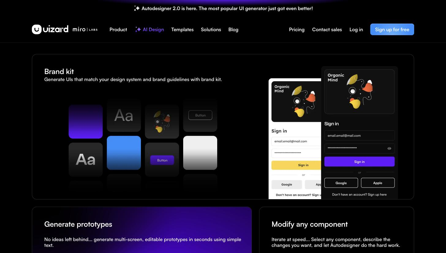 Uizard Autodesigner 'Brand kit' feature panel showing AI-generated UI building blocks — colour swatches, typography 'Aa' tiles and button styles on the left — beside two generated 'Organic Mind' mobile sign-in screens on the right.