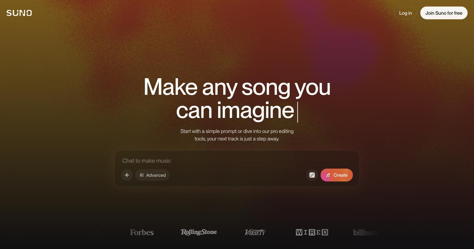 Suno home page with the headline 'Make any song you can imagine' above a 'Chat to make music' prompt box that has an Advanced option and a Create button.