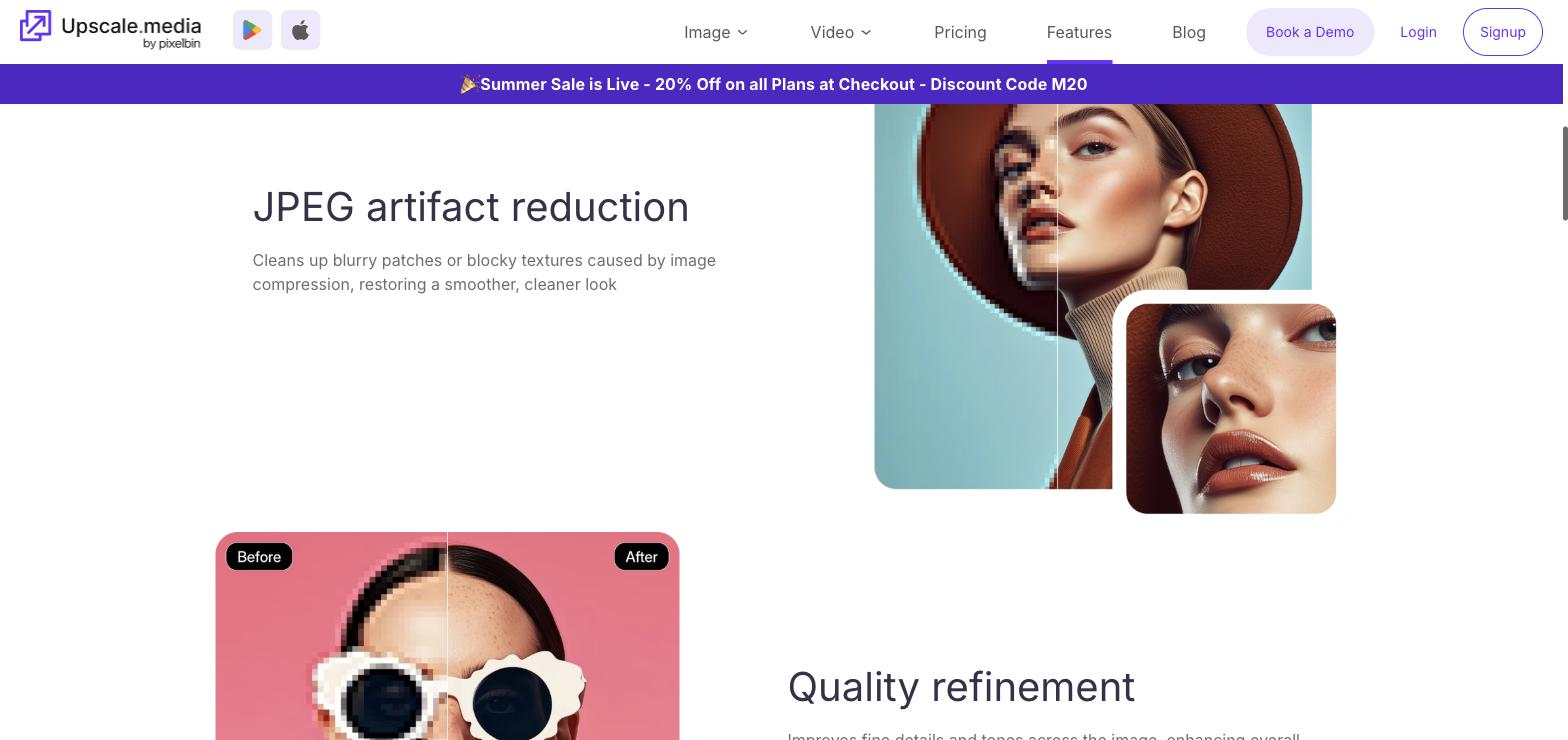 Upscale.media features page sections 'JPEG artifact reduction' and 'Quality refinement' showing before/after portrait images, with one pair explicitly labeled 'Before' and 'After' demonstrating reduced pixelation.