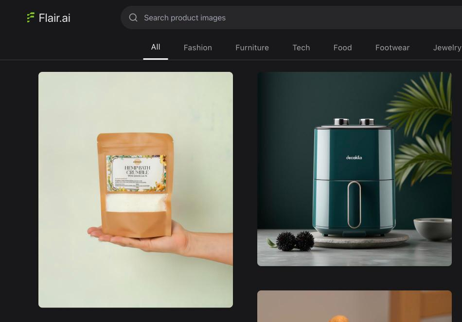 Flair.ai Community Gallery 'Explore' page with a product-image search bar, category tabs (Fashion, Furniture, Tech, Food, Footwear, Jewelry), and a grid of AI-generated product photos including a bath-product pouch and a teal air fryer.