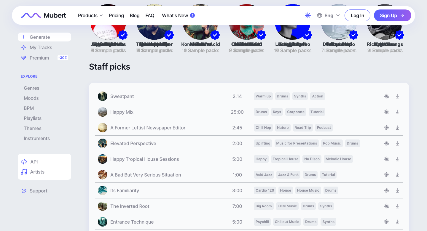 Mubert web app track-browsing screen with a left sidebar (Generate, My Tracks, Premium, Explore: Genres/Moods/BPM/Playlists) and a 'Staff picks' list of tracks with durations, genre tags, and play/download icons.