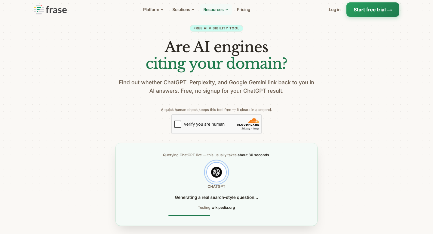 Frase's free AI Visibility Checker tool running live, showing a 'Verify you are human' Cloudflare check and a status readout: 'Querying ChatGPT live... Generating a real search-style question... Testing wikipedia.org.'