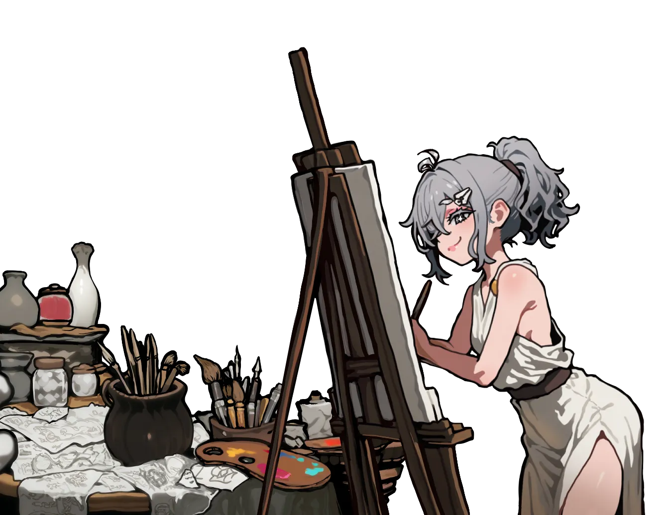 AI-generated anime-style illustration of a grey-haired girl painting at an easel, surrounded by paint bottles, brushes, and sketches, on a transparent background.