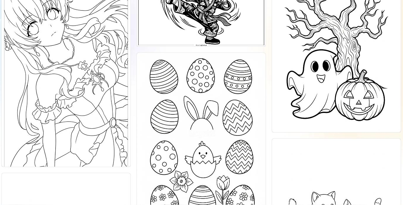 ColoringBook AI gallery grid showing four generated coloring pages: a detailed anime-style character portrait, a decorated Easter egg and chick sheet, a Halloween ghost with a jack-o'-lantern under a bare tree, and a partially visible animal page.