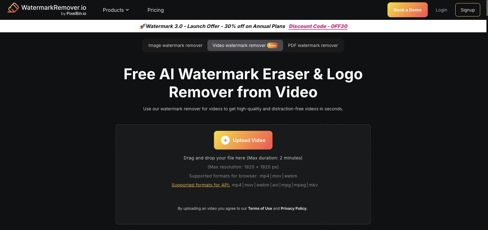 WatermarkRemover.io video watermark remover page with tabs for Image/Video/PDF watermark removers and a live 'Upload Video' drag-and-drop box listing supported formats and size limits.