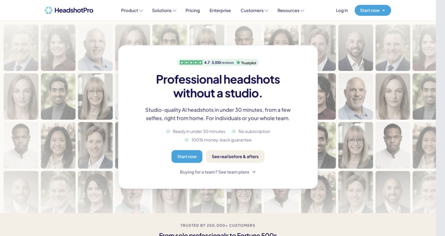 HeadshotPro homepage with navigation, AI headshot proposition, and public portrait examples.