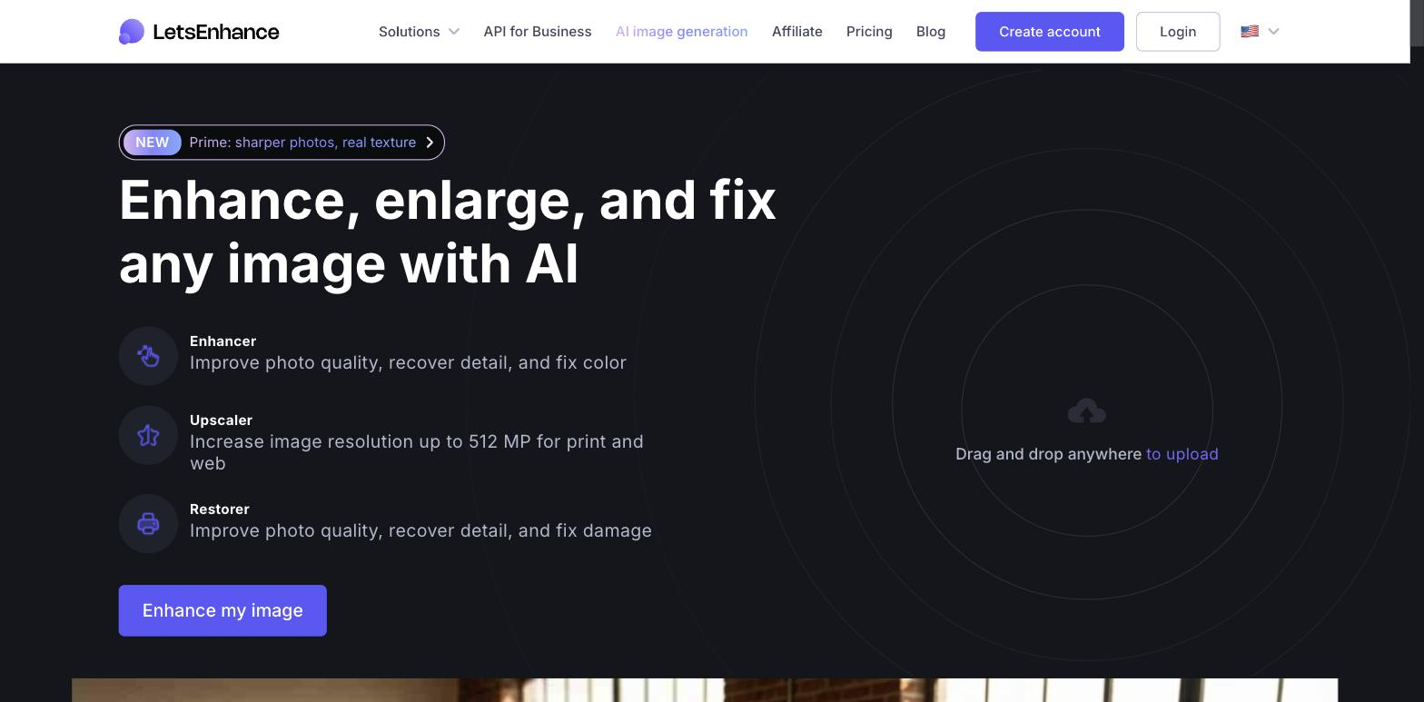 Let's Enhance tool-mode selection UI: three distinct modes listed with icons (Enhancer - improve quality/recover detail/fix color, Upscaler - increase resolution up to 512MP, Restorer - fix damage) beside a "Drag and drop anywhere to upload" drop zone.
