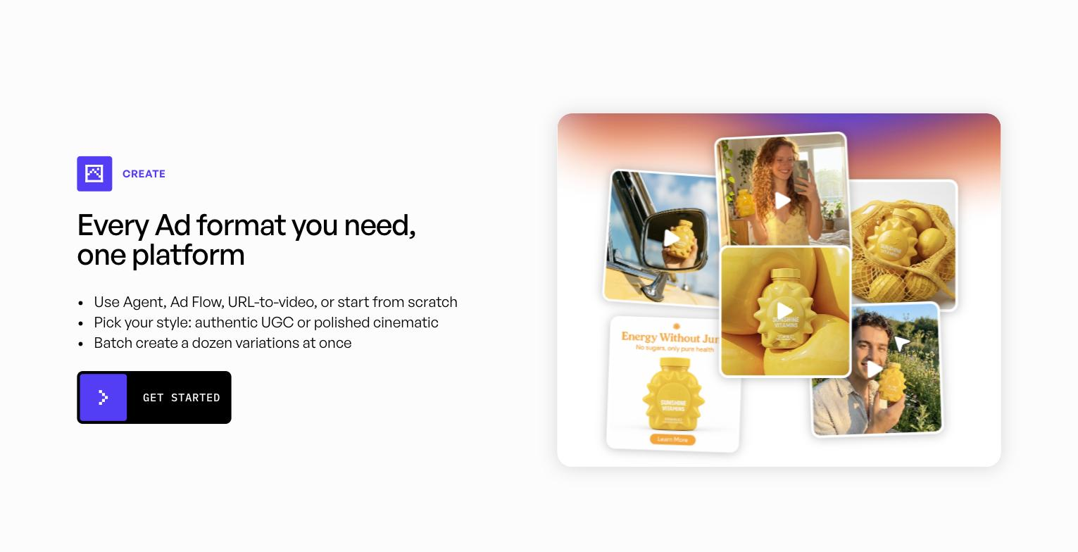 Creatify ad-creation feature: creation modes (Use Agent, Ad Flow, URL-to-video, or start from scratch; UGC vs cinematic style; batch variations) with a collage of varied ad formats (UGC clips + a product-ad card).