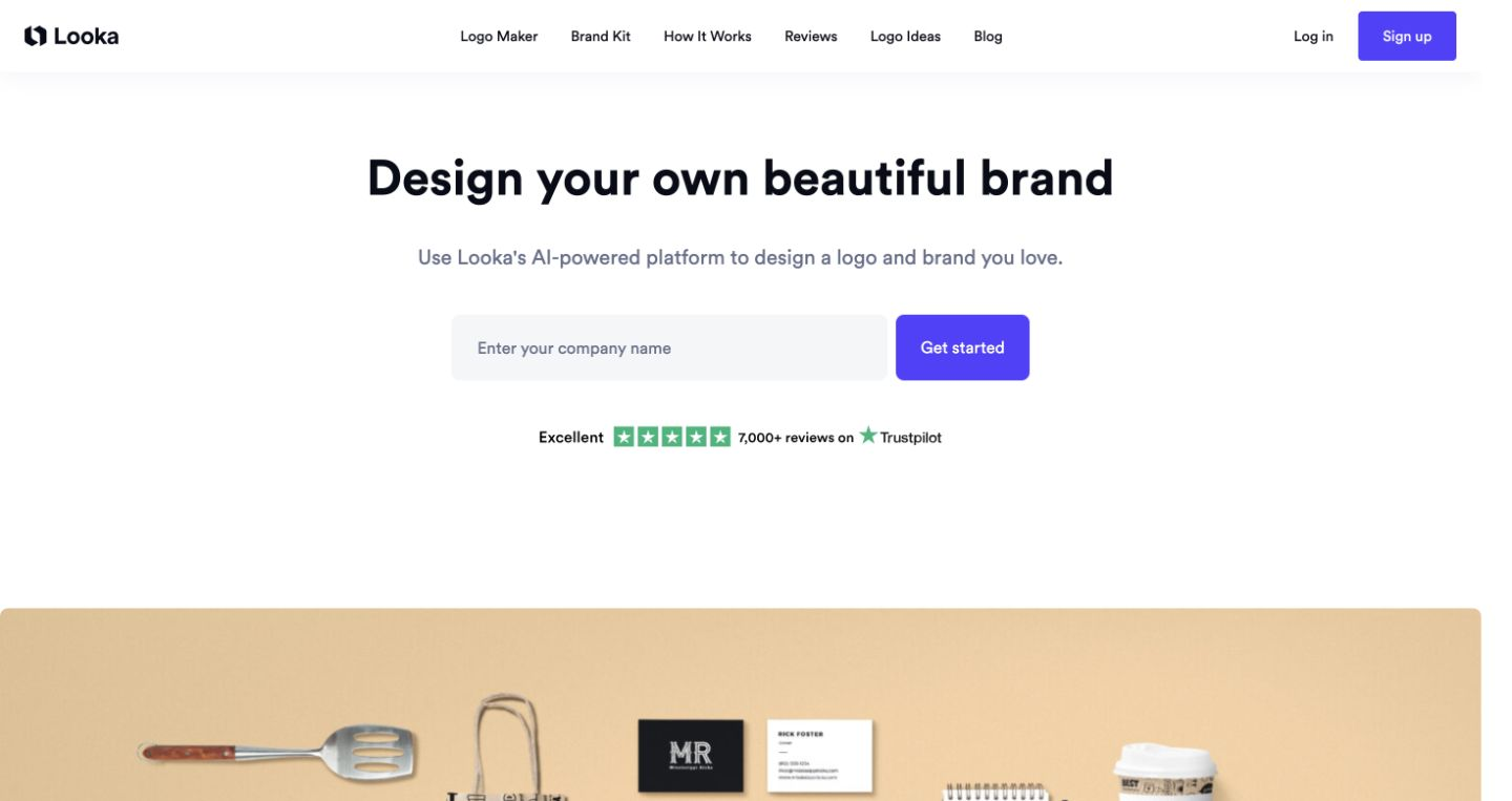 Looka homepage with navigation, logo design proposition, and brand kit visual.