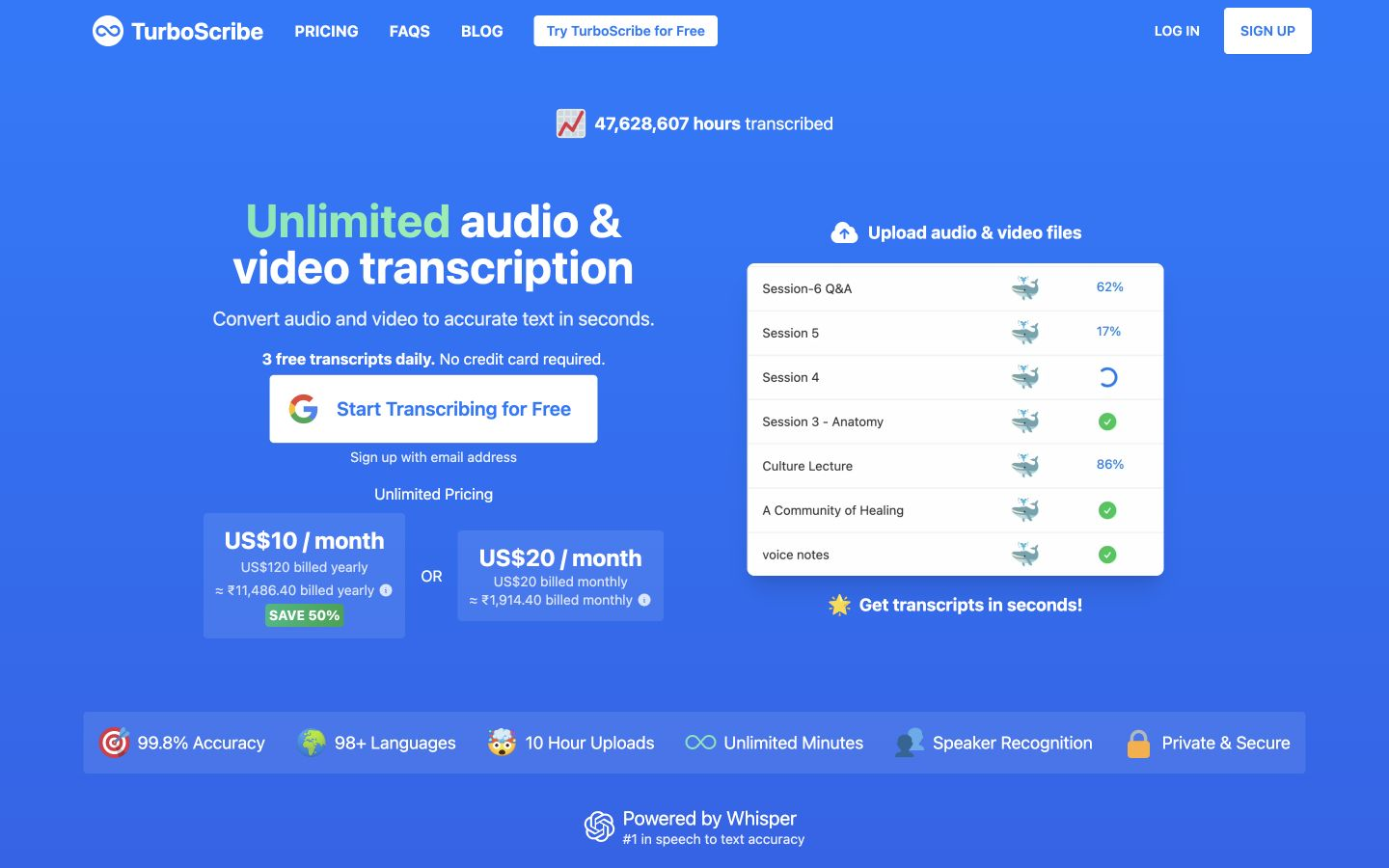 TurboScribe public homepage showing vendor identity, navigation, and product proposition.
