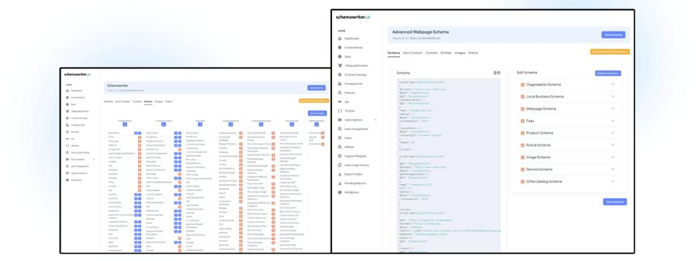 Two Schemawriter.ai app screenshots: a dashboard listing schema entity types, and an 'Advanced Webpage Schema' editor showing generated JSON-LD code alongside toggles for Organization, Local Business, Webpage, FAQ, Product, Article, Image, Service and OfferCatalog schema