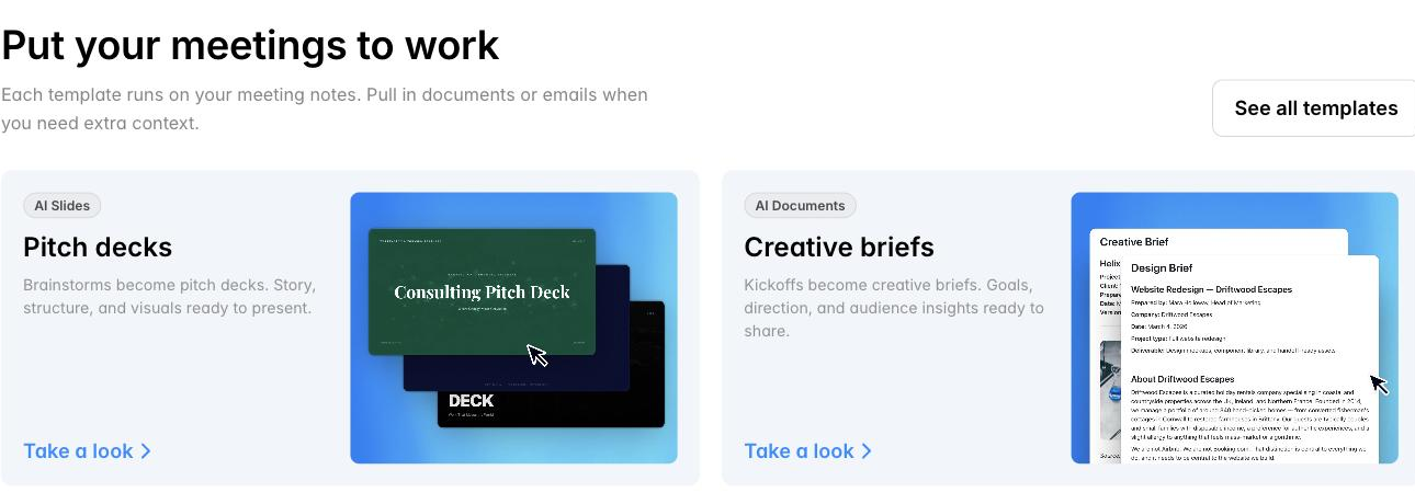 Supernormal 'Put your meetings to work' section with template cards labelled Pitch decks and Creative briefs, each showing a document preview generated from meeting notes.