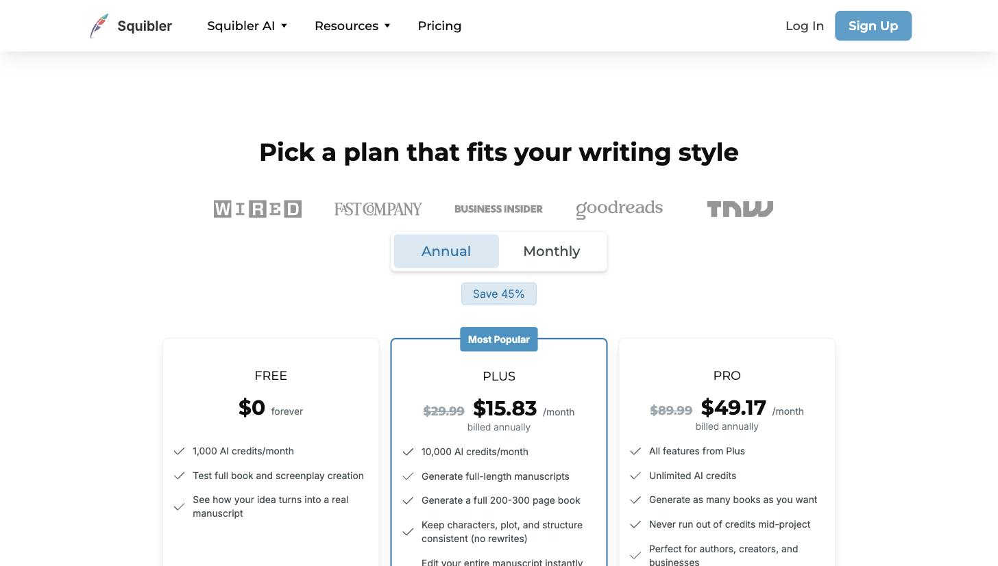 Squibler public Pricing page: three-tier plan comparison (Free $0, Plus $15.83/mo annual, Pro $49.17/mo annual) each with feature checklist, plus press-mention logo row (Wired, Fast Company, Business Insider, Goodreads, TNW).