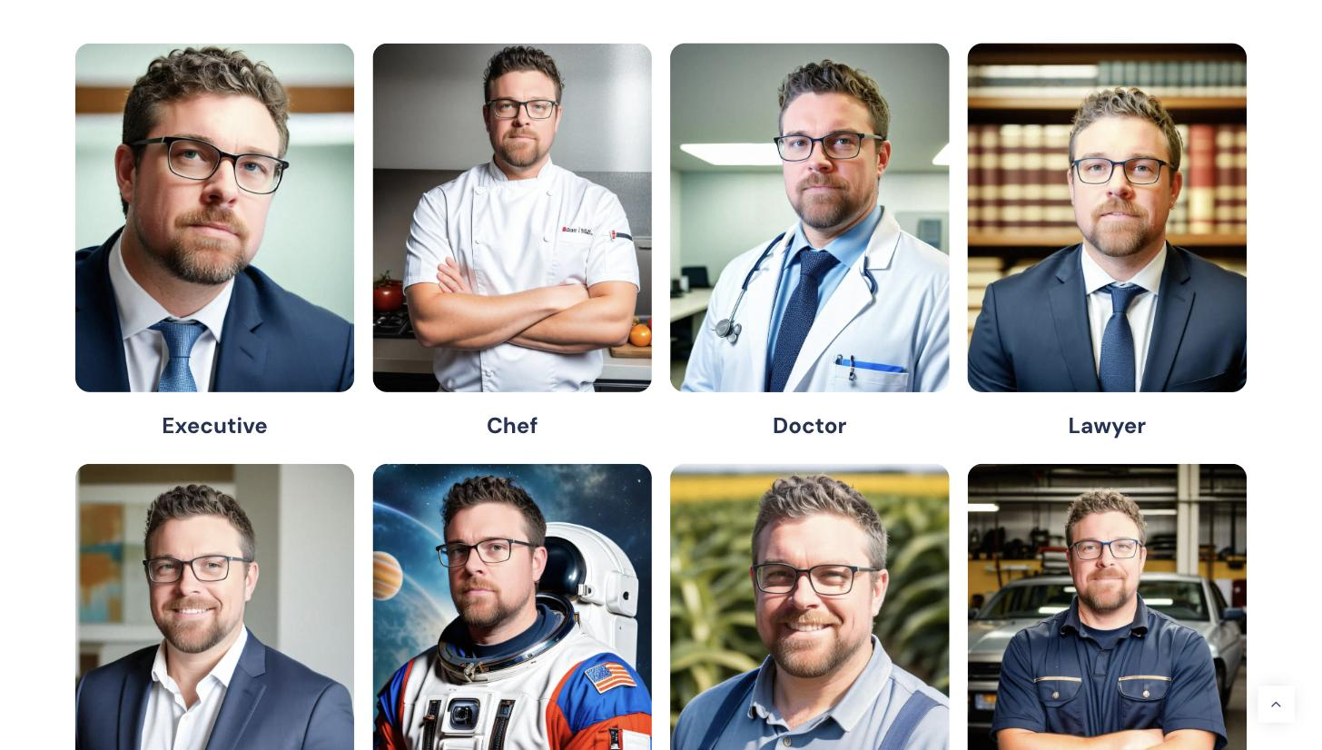 Grid of AI-generated ProPhotos headshots of the same man styled for different professions: Executive, Chef, Doctor, Lawyer on the top row and astronaut, casual and mechanic variants below