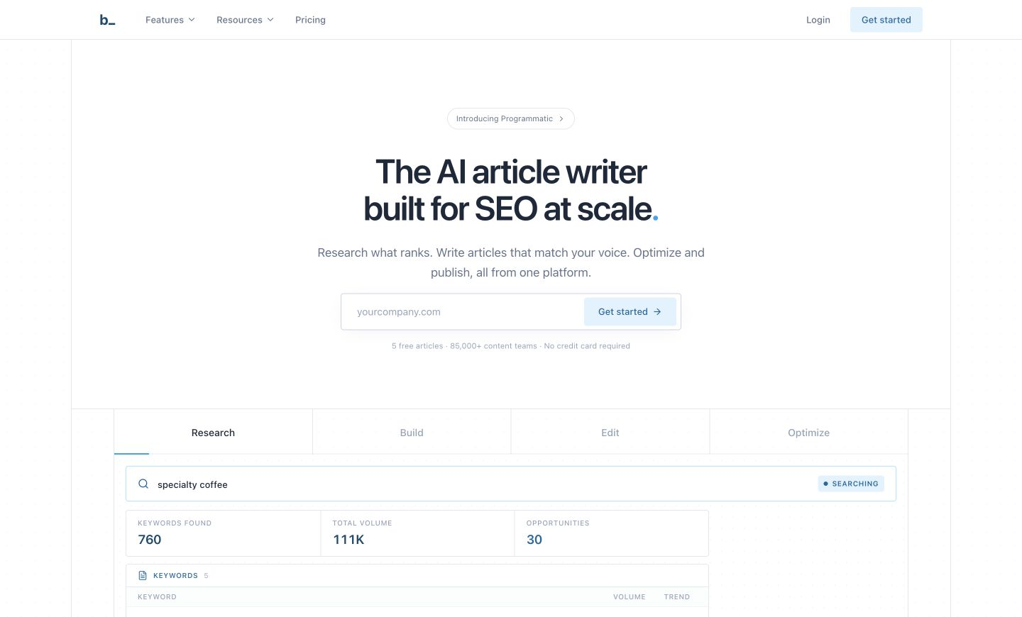 Byword homepage with its logo and navigation above the headline 'The AI article writer built for SEO at scale' and a research workflow preview.