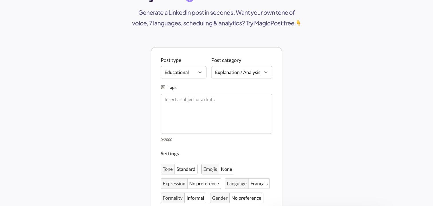 MagicPost's LinkedIn post generator form showing Post type and Post category dropdowns, a Topic text box, and settings for Tone, Emojis, Expression, Language, Formality and Gender.