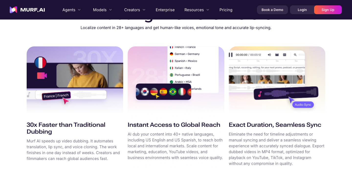Murf AI dubbing feature page with three panels illustrating '30x Faster than Traditional Dubbing', 'Instant Access to Global Reach' (language flag icons), and 'Exact Duration, Seamless Sync' (audio waveform and synced video thumbnails).