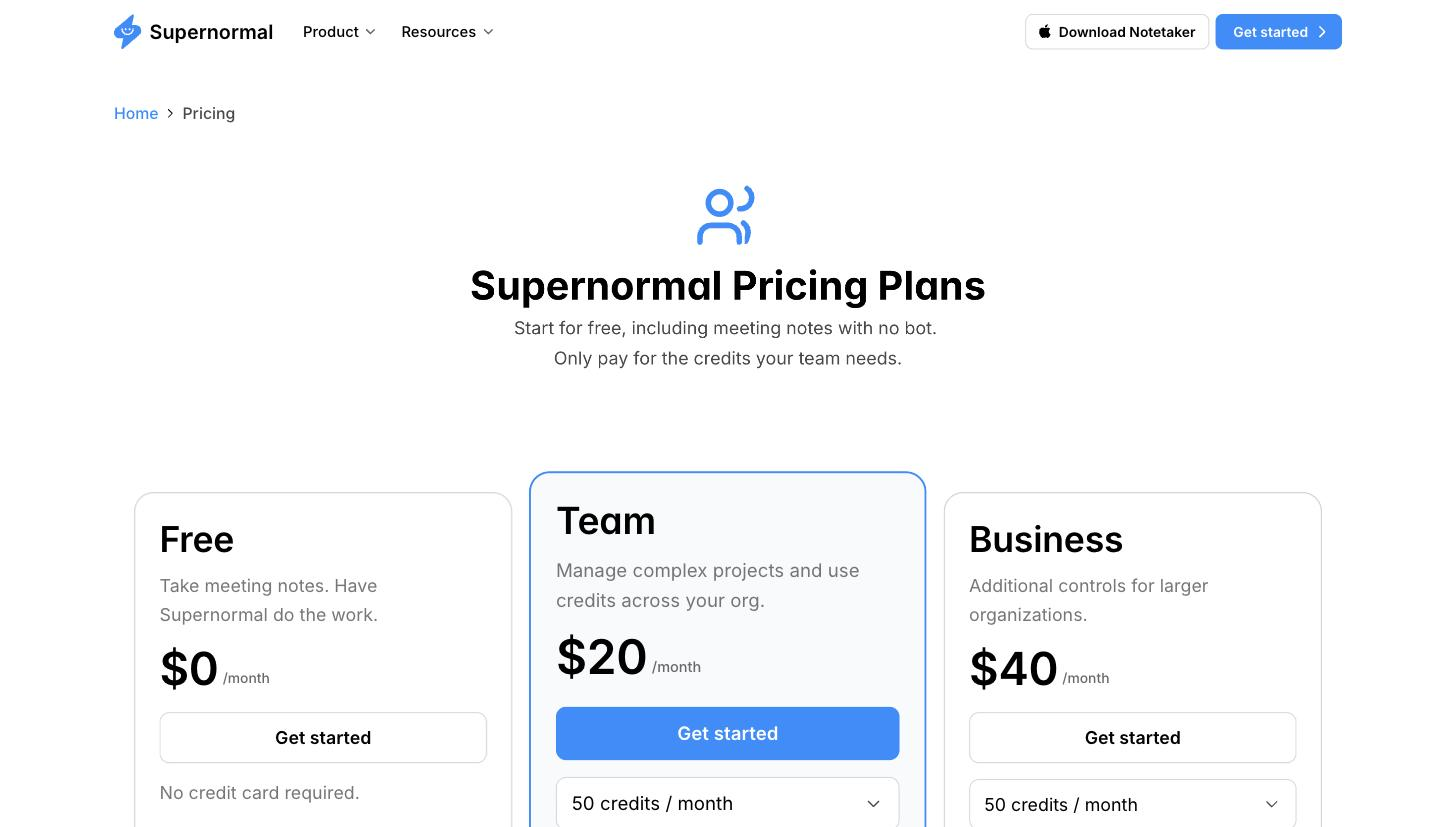 Supernormal public Pricing page: three-tier plan comparison (Free \$0/month, Team \$20/month, Business \$40/month) with per-plan description and adjustable 'credits/month' dropdown selector.