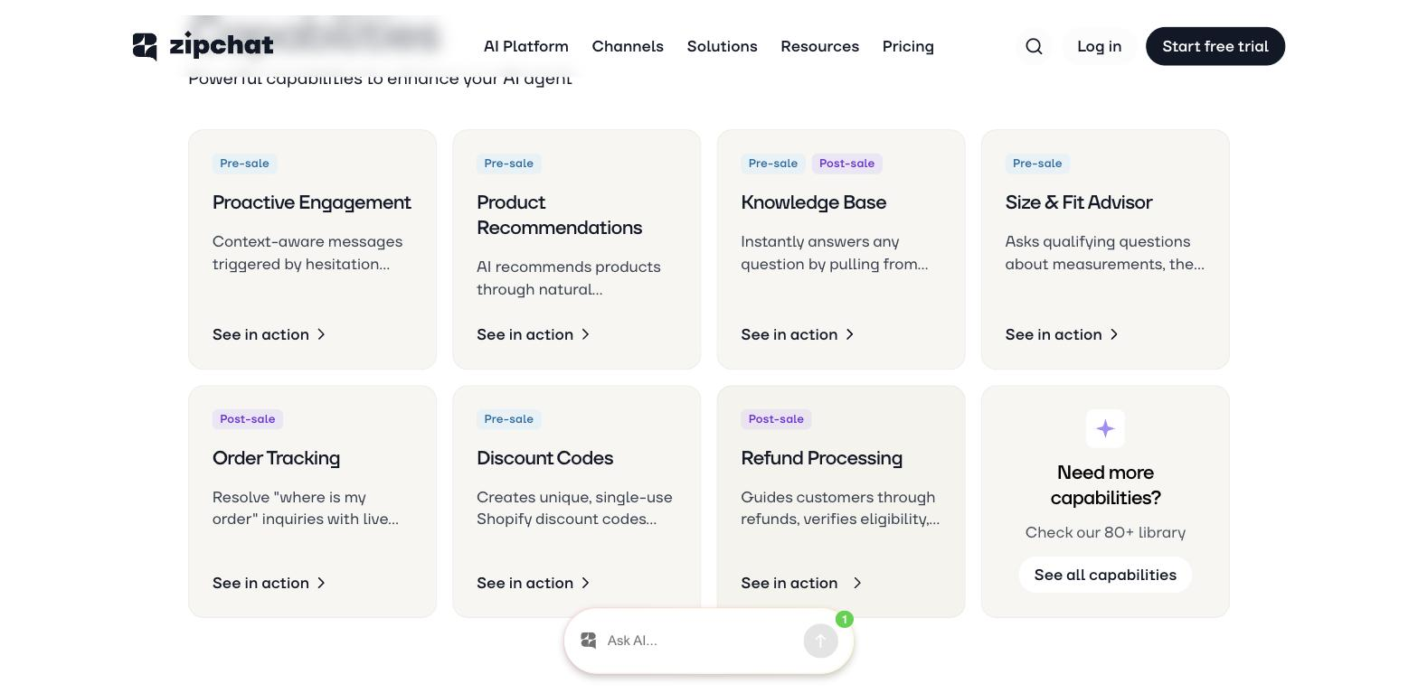 Zipchat website section titled 'Powerful capabilities to enhance your AI agent' showing eight capability cards (e.g. Proactive Engagement, Product Recommendations, Knowledge Base, Order Tracking, Discount Codes, Refund Processing) each tagged Pre-sale or Post-sale, with a floating 'Ask AI...' chat widget in the corner.