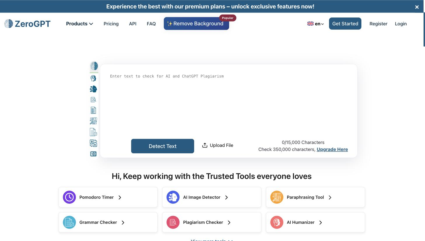 ZeroGPT AI-detector interface with an 'Enter text to check for AI and ChatGPT Plagiarism' input box, a 'Detect Text' button, an 'Upload File' option, a 0/15,000 character counter and a left rail of tool icons.