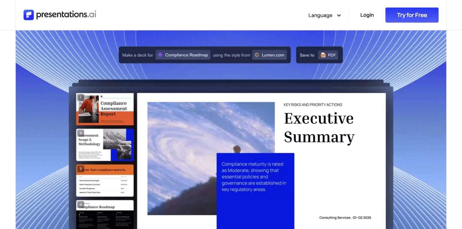 Presentations.AI visual showing a prompt bar reading 'Make a deck for Compliance Roadmap using the style from Lumen.com, Save to PDF' above a generated deck: a slide thumbnail rail (Compliance Assessment Report, Assessment Scope & Methodology, Current-State compliance maturity, Compliance Roadmap) and an open Executive Summary slide