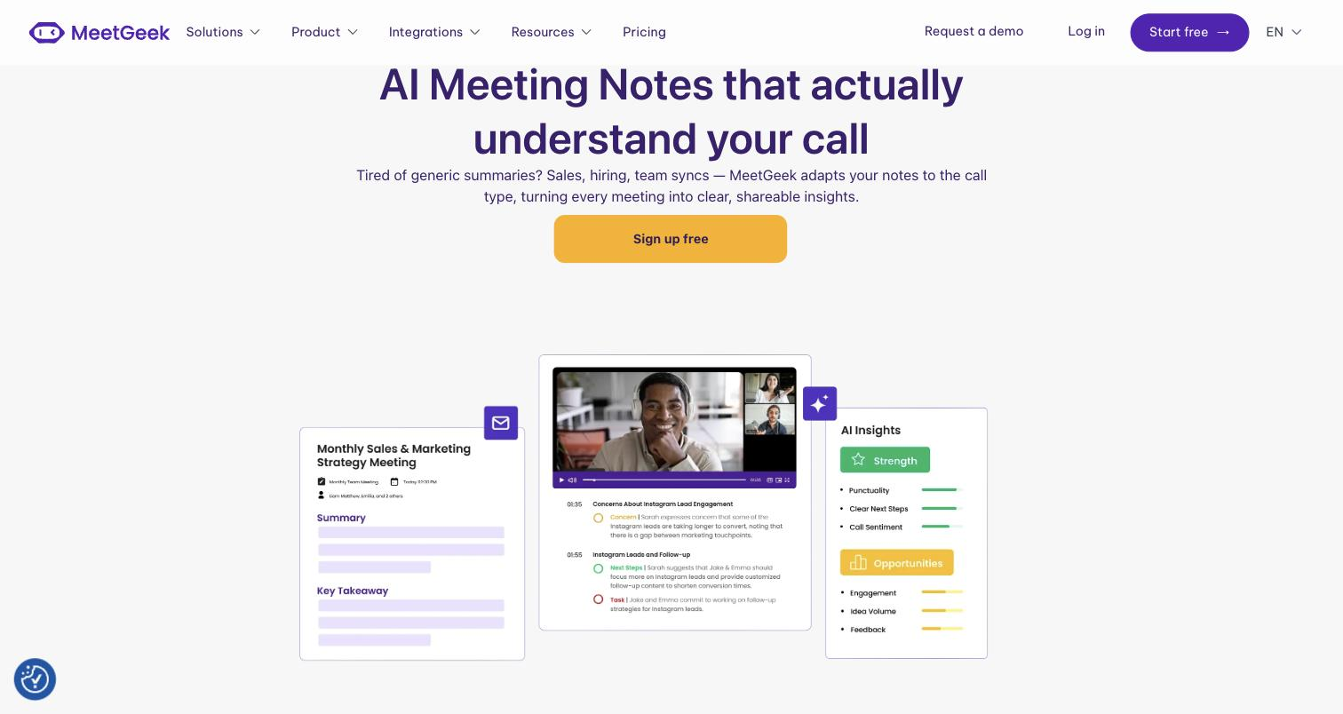 MeetGeek public 'AI Meeting Notes' feature page: three-panel product UI showing a meeting-notes summary card ('Monthly Sales & Marketing Strategy Meeting' with Summary/Key Takeaway sections), a video-call transcript timeline with tagged Concern/Next Steps/Task callouts, and an 'AI Insights' panel with Strength/Opportunities sentiment bars.