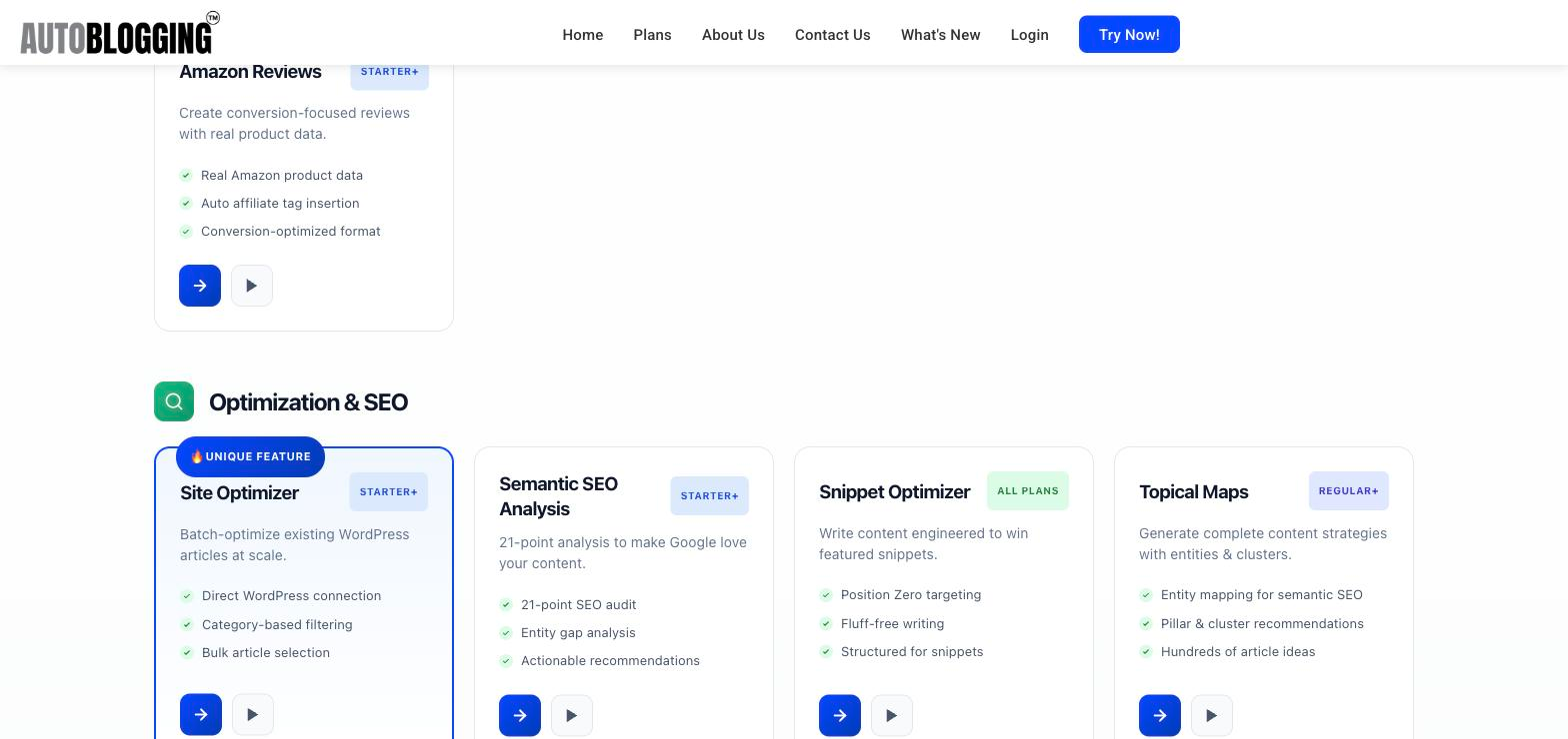 Autoblogging.ai homepage feature cards for Amazon Reviews, Site Optimizer, Semantic SEO Analysis, Snippet Optimizer, and Topical Maps, each listing bullet-point capabilities under section headers 'Content Generation' and 'Optimization & SEO'.