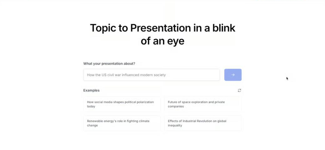 SlidesAI topic-to-presentation input widget titled 'Topic to Presentation in a blink of an eye', with a text field reading 'How the US civil war influenced modern society' and four example prompts below.