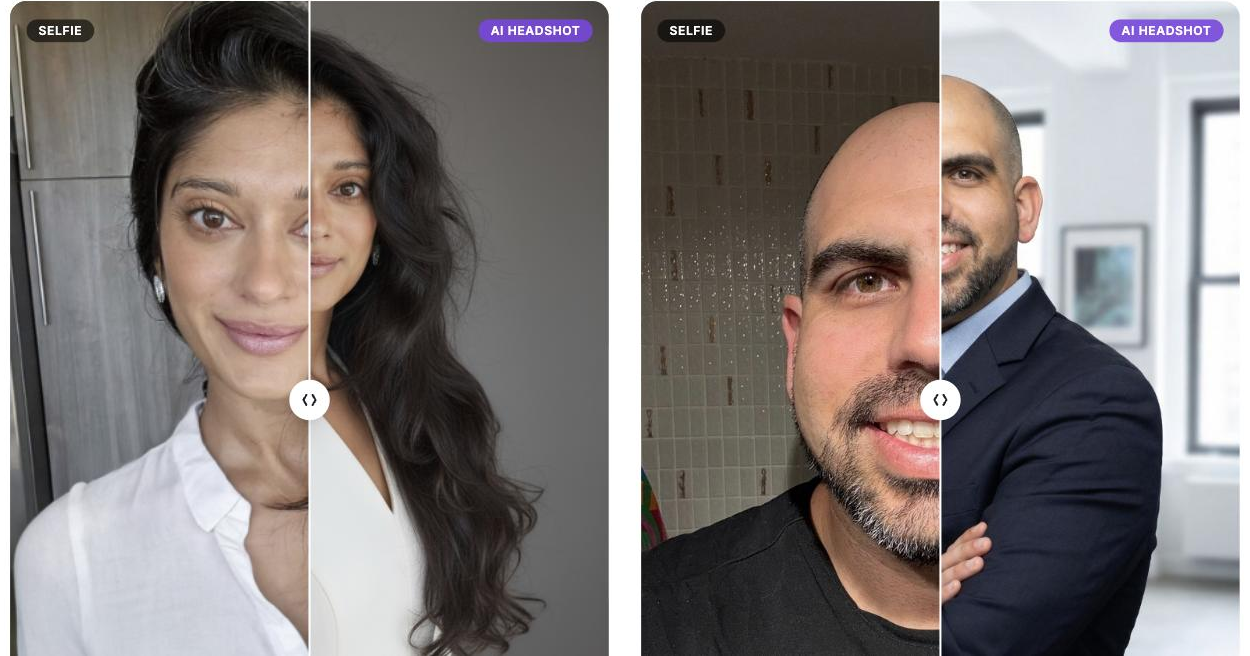 Two split before-and-after sliders from Try It On AI, each labelled 'SELFIE' on one half and 'AI HEADSHOT' on the other, showing an ordinary selfie transformed into a polished professional headshot.