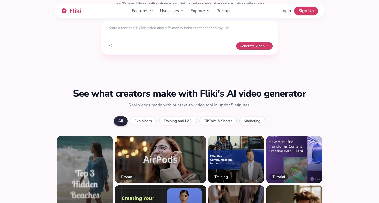 Fliki's homepage prompt box pre-filled with 'Create a faceless TikTok video about "5 money habits that changed my life."' and a Generate video button, above a gallery with All, Explainers, Training and L&D, TikToks & Shorts and Marketing filters showing generated video thumbnails labelled Promo, Training and Tutorial.