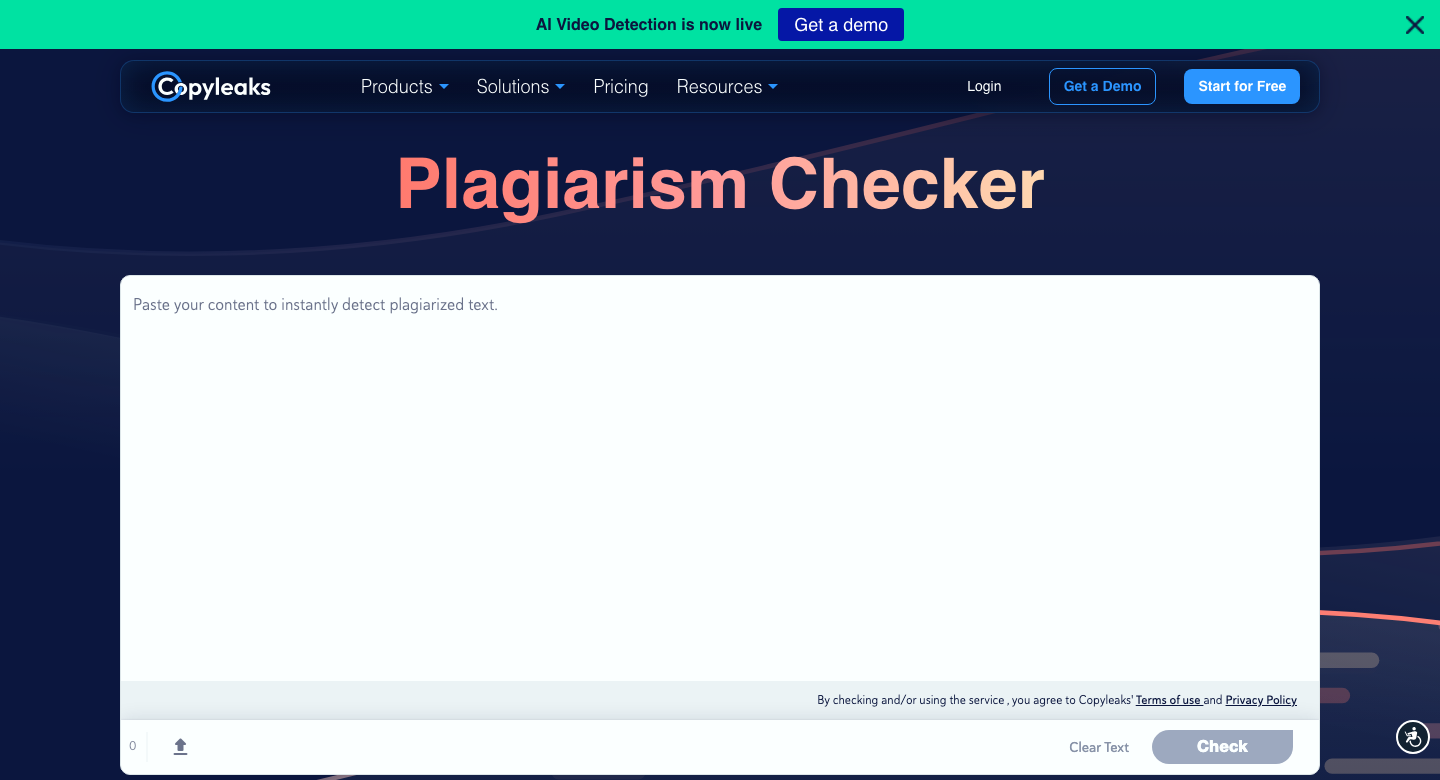 Screenshot of the Copyleaks 'Plagiarism Checker' widget showing an empty text-paste box, an upload icon, and a 'Check' button beneath a site banner announcing AI Video Detection.