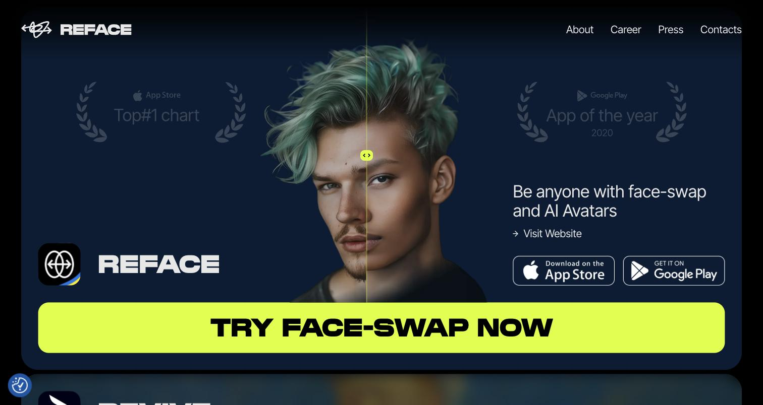 Reface public homepage 'REFACE' product panel: a before/after face-swap comparison portrait (stylized green-haired character on the left half, photorealistic face on the right half with a draggable divider) alongside 'Be anyone with face-swap and AI Avatars' copy and a 'Try Face-Swap Now' CTA.