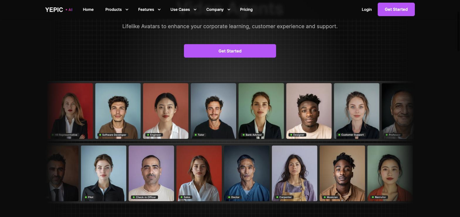 Yepic AI video-agents page showing a grid of AI avatar headshots each labeled with a role (HR Representative, Software Developer, Engineer, Tutor, Doctor, Pilot, etc.) and a Get Started button.