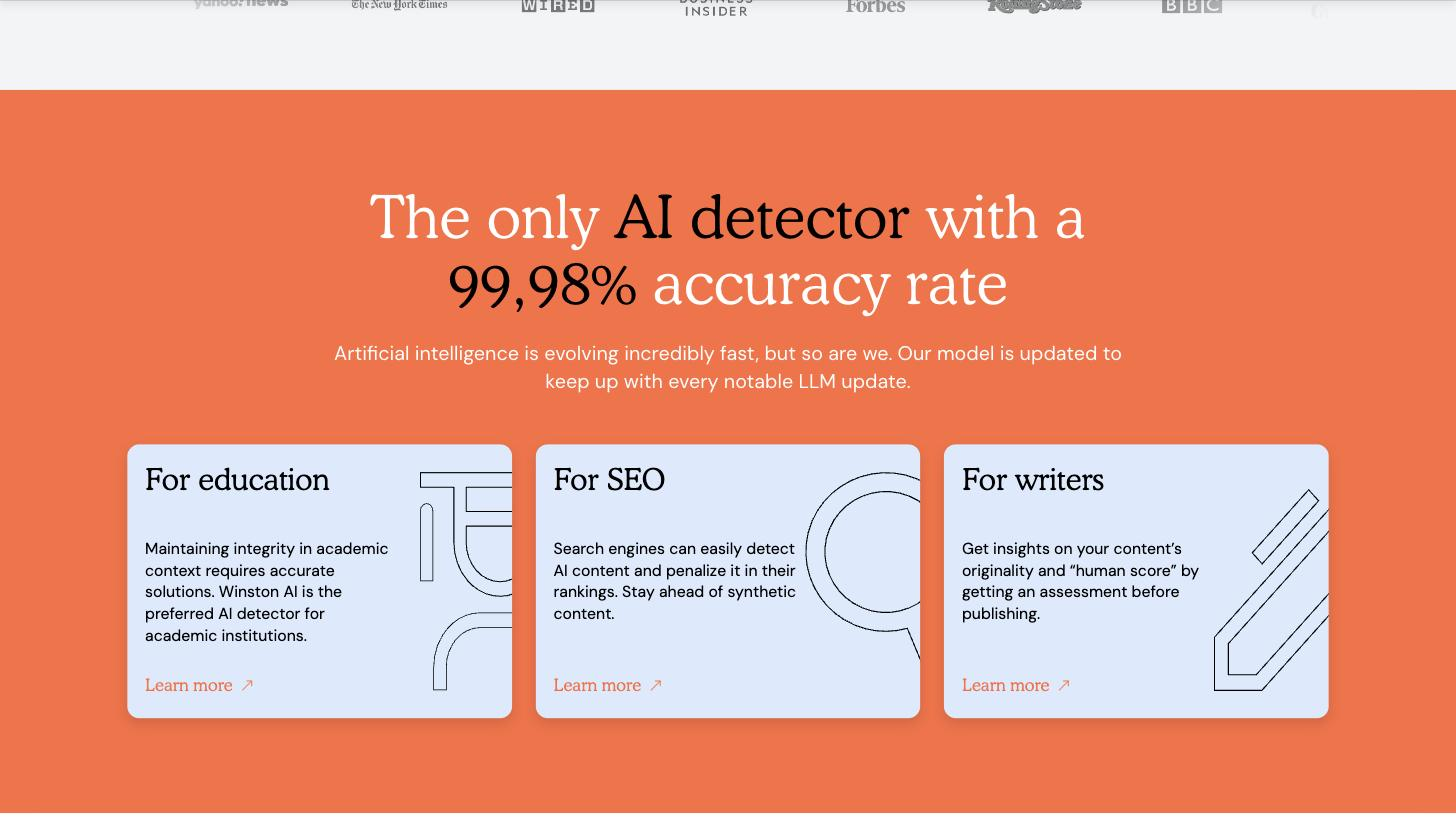 Three use-case cards ('For education', 'For SEO', 'For writers') each with descriptive copy, a decorative line-art icon, and a 'Learn more' link, on an orange section background.