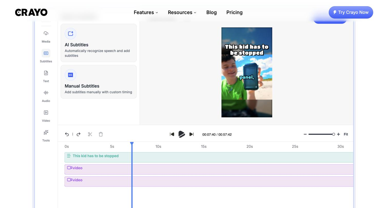 Crayo's web editor showing a left tool rail (Media, Subtitles, Text, Audio, Video, Tools), an AI Subtitles / Manual Subtitles panel, a vertical video preview with burned-in captions, and a multi-track timeline with a subtitle track and two video tracks.