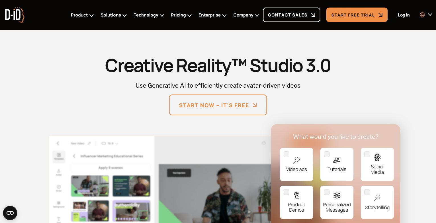D-ID Creative Reality Studio editor UI: left template rail (Templates/Avatar/Script/Background/Text), applied scene thumbnails, main video-preview canvas with a presenter, and a floating "What would you like to create?" content-type picker (Video ads, Tutorials, Social Media, Product Demos, Personalized Messages, Storytelling).
