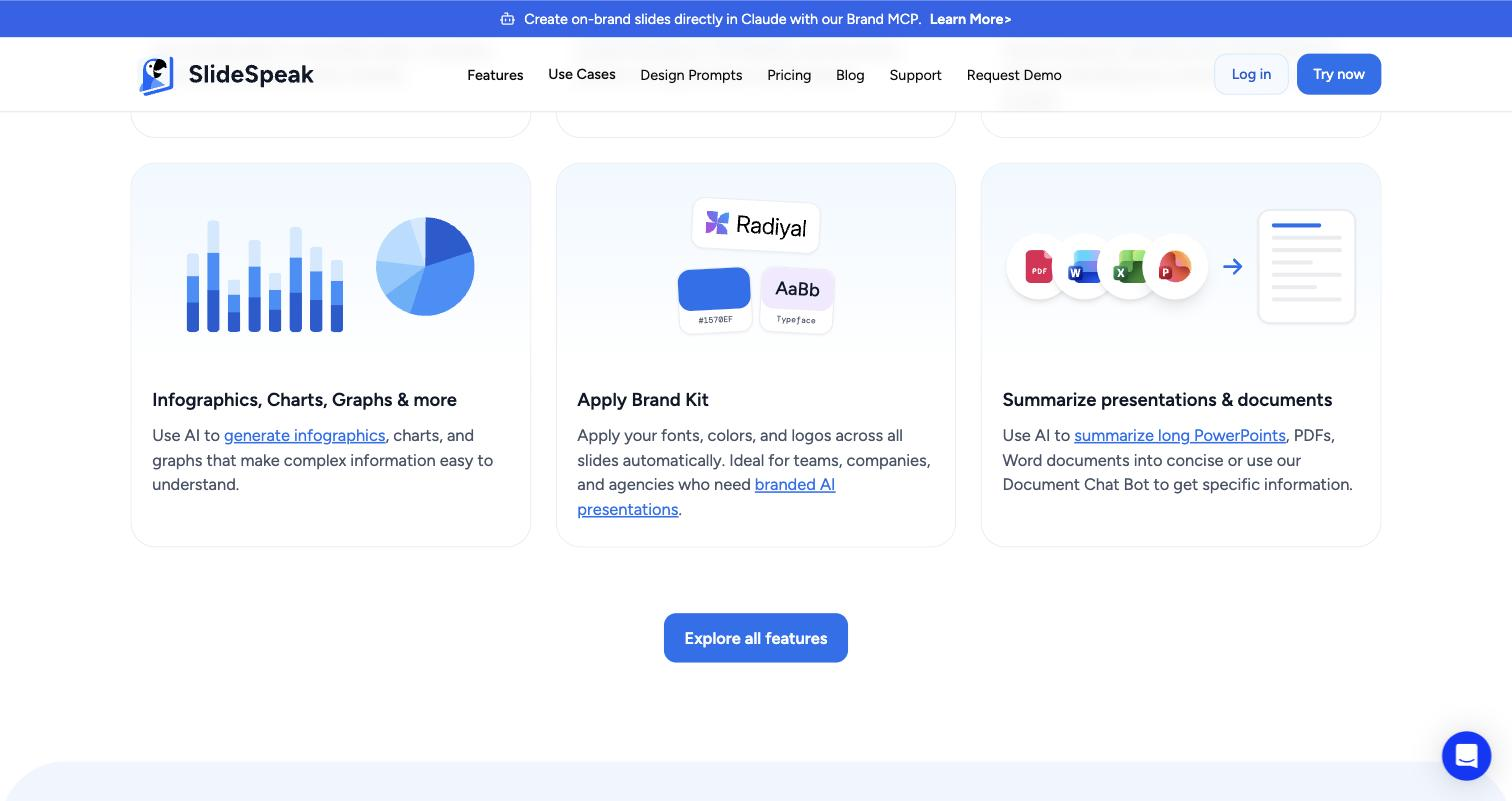 SlideSpeak public homepage feature grid: 'Infographics, Charts, Graphs & more' (bar+pie chart icon illustration), 'Apply Brand Kit' (color swatch and typeface card), and 'Summarize presentations & documents' (PDF/Word/Excel/PowerPoint icons feeding into a summary doc icon).