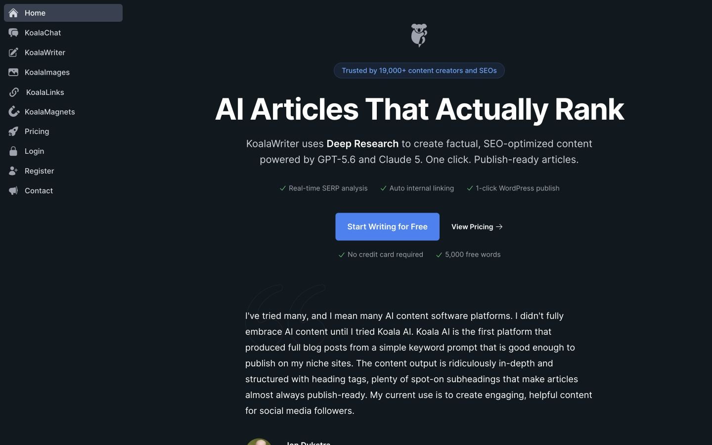 KoalaWriter public homepage showing product navigation and the AI Articles That Actually Rank hero.