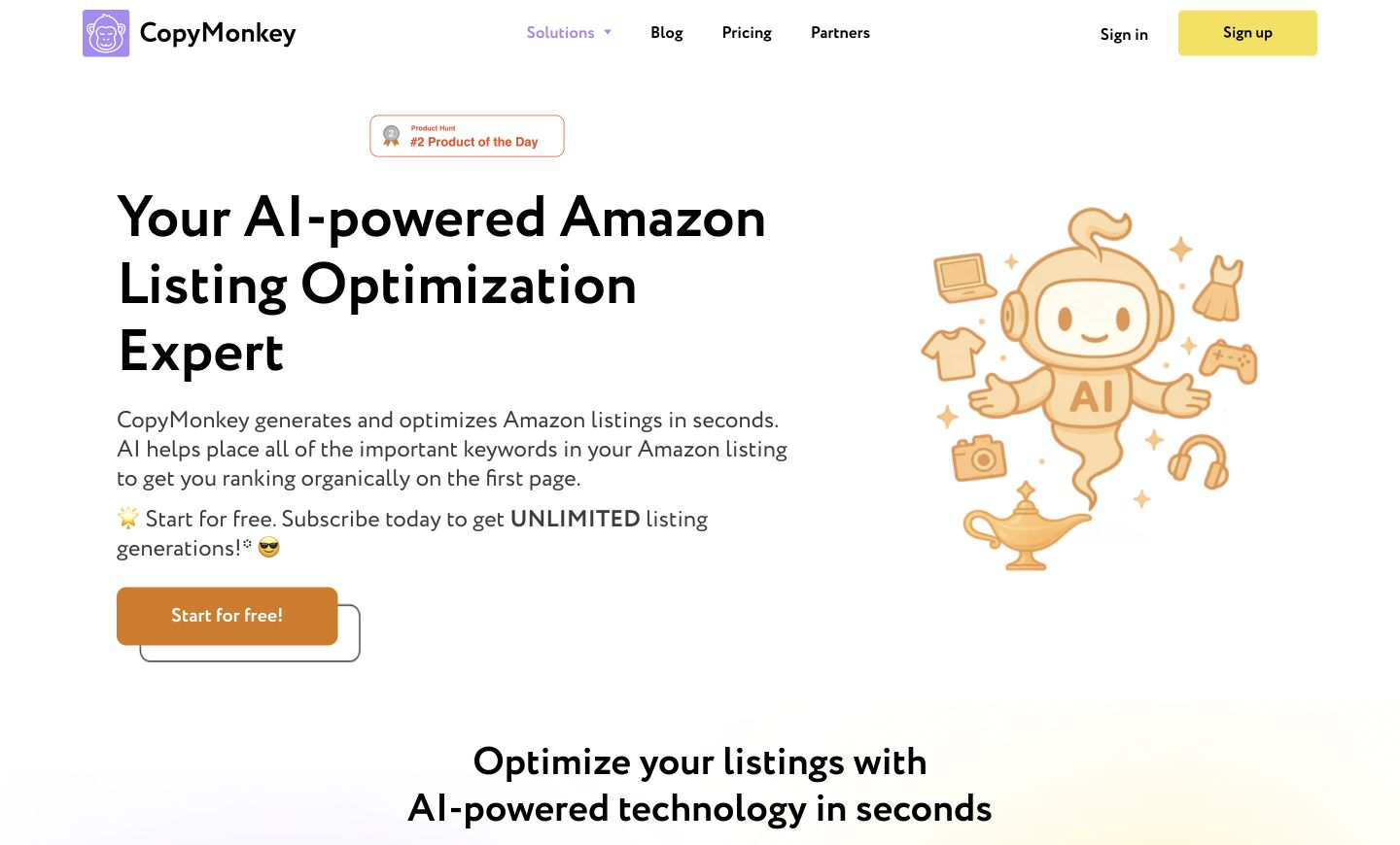 CopyMonkey homepage with its logo and navigation beside the headline 'Your AI-powered Amazon Listing Optimization Expert' and an illustrated AI mascot.